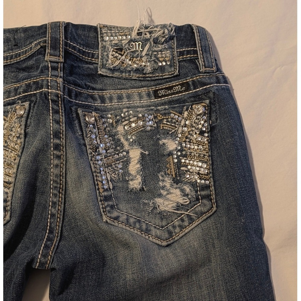 Miss Me Signature Bootcut Jeans Medium Wash Distressed Embellished Size 26